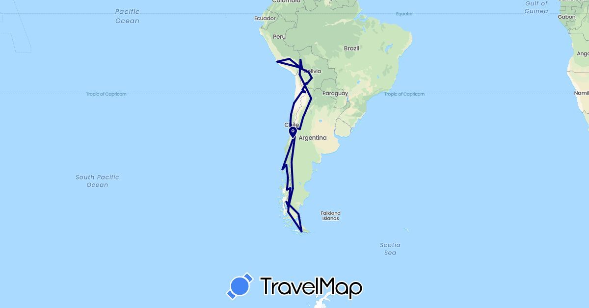 TravelMap itinerary: driving in Argentina, Bolivia, Chile, Peru (South America)